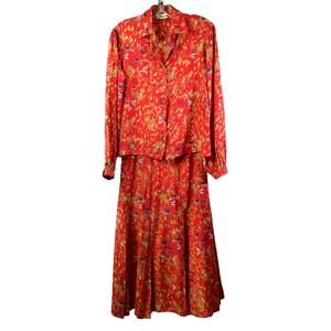 Dana Cote D'Azur Skirt + Blouse Set Womens 10‎ Red 100% Silk Long Sleeve Pleated